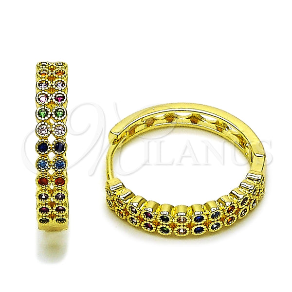 Oro Laminado Huggie Hoop, Gold Filled Style with Multicolor Cubic Zirconia, Polished, Golden Finish, 02.237.0059.25