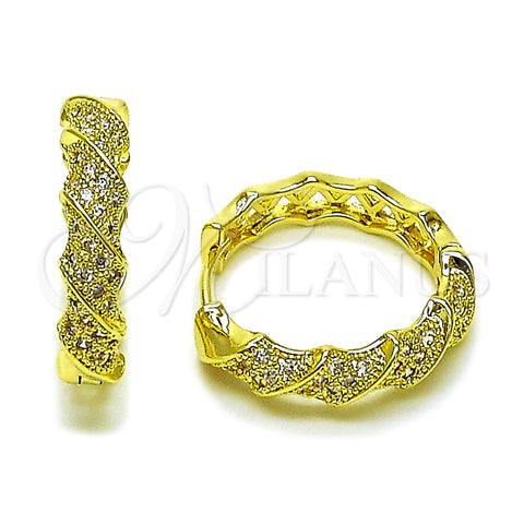 Oro Laminado Huggie Hoop, Gold Filled Style Twist Design, with White Micro Pave, Polished, Golden Finish, 02.195.0162.25