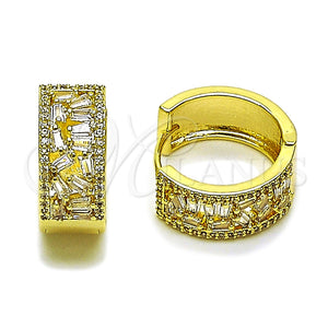 Gold Filled Hoop Earrings — Huggie Hoop Baguette Design with White Cubic Zirconia — main product view — SKU 163141 | Oro Laminado aretes de aro — Huggie Hoop Baguette diseño with blanco Cubic Zirconia — SKU 163141