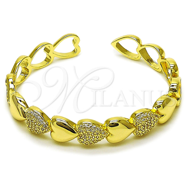 Oro Laminado Individual Bangle, Gold Filled Style Heart Design, with White Micro Pave, Polished, Tricolor, 07.237.0005