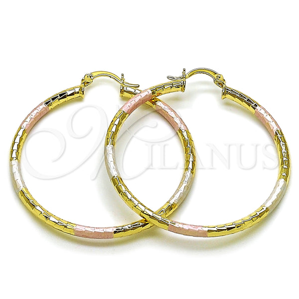 Oro Laminado Large Hoop, Gold Filled Style Hollow Design, Diamond Cutting Finish, Tricolor, 02.213.0243.50
