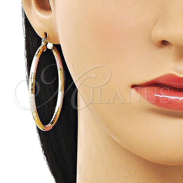 Gold Filled Hoop Earrings — Large Hoop Hollow Design Diamond Cutting Tricolor 02. — alternate product view — SKU 163165 | Oro Laminado aretes de aro — Large Hoop Hollow diseño Diamond Cutting Tricolor 02. — SKU 163165