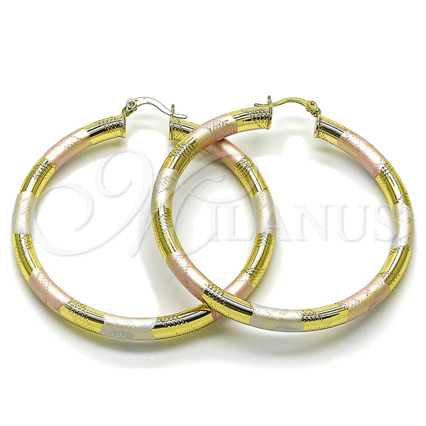 Oro Laminado Large Hoop, Gold Filled Style Hollow Design, Diamond Cutting Finish, Tricolor, 02.170.0309.1.60