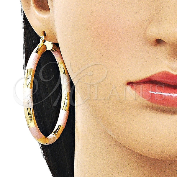 Gold Filled Hoop Earrings — Large Hoop Hollow Design Diamond Cutting Tricolor 02. — alternate product view — SKU 163169 | Oro Laminado aretes de aro — Large Hoop Hollow diseño Diamond Cutting Tricolor 02. — SKU 163169