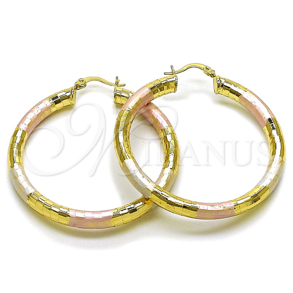 Oro Laminado Large Hoop, Gold Filled Style Hollow Design, Diamond Cutting Finish, Tricolor, 02.213.0310.1.50