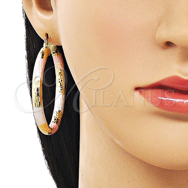 Gold Filled Hoop Earrings — Large Hoop Hollow Design Diamond Cutting Tricolor 02. — alternate product view — SKU 163173 | Oro Laminado aretes de aro — Large Hoop Hollow diseño Diamond Cutting Tricolor 02. — SKU 163173