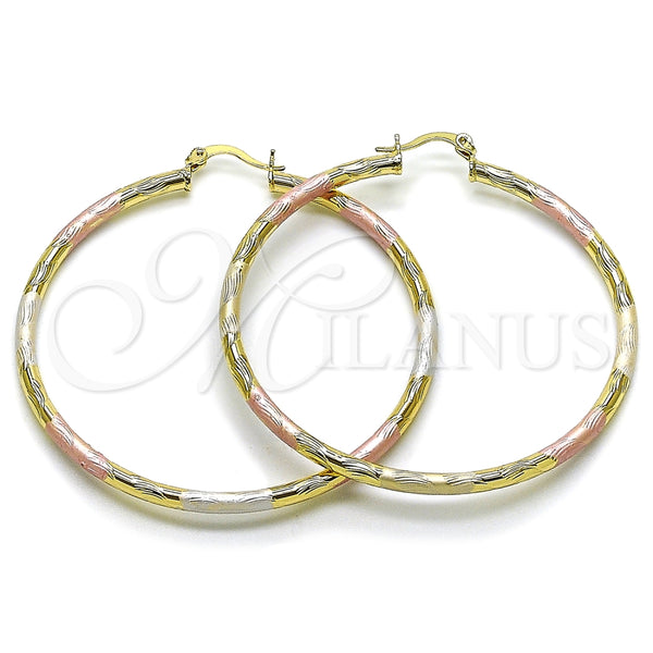 Oro Laminado Large Hoop, Gold Filled Style Hollow Design, Diamond Cutting Finish, Tricolor, 02.213.0152.1.60