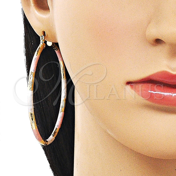 Gold Filled Hoop Earrings — Large Hoop Hollow Design Diamond Cutting Tricolor 02. — alternate product view — SKU 163174 | Oro Laminado aretes de aro — Large Hoop Hollow diseño Diamond Cutting Tricolor 02. — SKU 163174