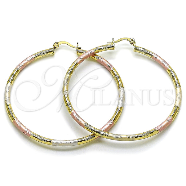 Gold Filled Hoop Earrings — Large Hoop Hollow Design Diamond Cutting Tricolor 02. — main product view — SKU 163174 | Oro Laminado aretes de aro — Large Hoop Hollow diseño Diamond Cutting Tricolor 02. — SKU 163174