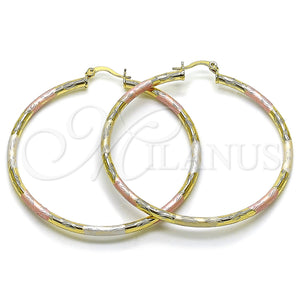 Gold Filled Hoop Earrings — Large Hoop Hollow Design Diamond Cutting Tricolor 02. — main product view — SKU 163174 | Oro Laminado aretes de aro — Large Hoop Hollow diseño Diamond Cutting Tricolor 02. — SKU 163174