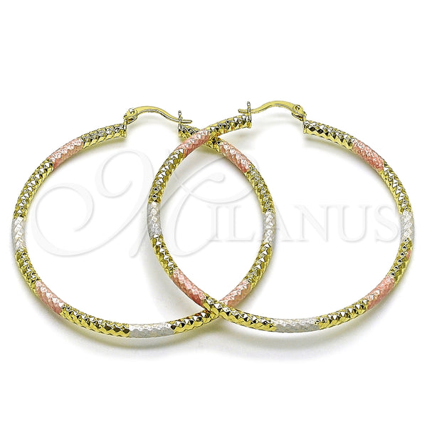 Oro Laminado Large Hoop, Gold Filled Style Hollow Design, Diamond Cutting Finish, Tricolor, 02.213.0154.1.60