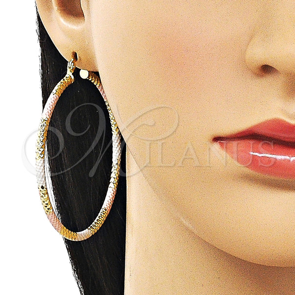 Gold Filled Hoop Earrings — Large Hoop Hollow Design Diamond Cutting Tricolor 02. — alternate product view — SKU 163175 | Oro Laminado aretes de aro — Large Hoop Hollow diseño Diamond Cutting Tricolor 02. — SKU 163175