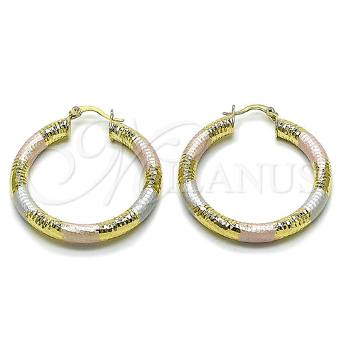Oro Laminado Medium Hoop, Gold Filled Style Hollow Design, Diamond Cutting Finish, Tricolor, 02.213.0224.1.40