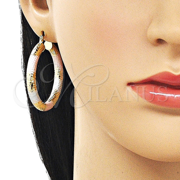 Gold Filled Hoop Earrings — Medium Hoop Hollow Design Diamond Cutting Tricolor 02. — alternate product view — SKU 163179 | Oro Laminado aretes de aro — Medium Hoop Hollow diseño Diamond Cutting Tricolor 02. — SKU 163179