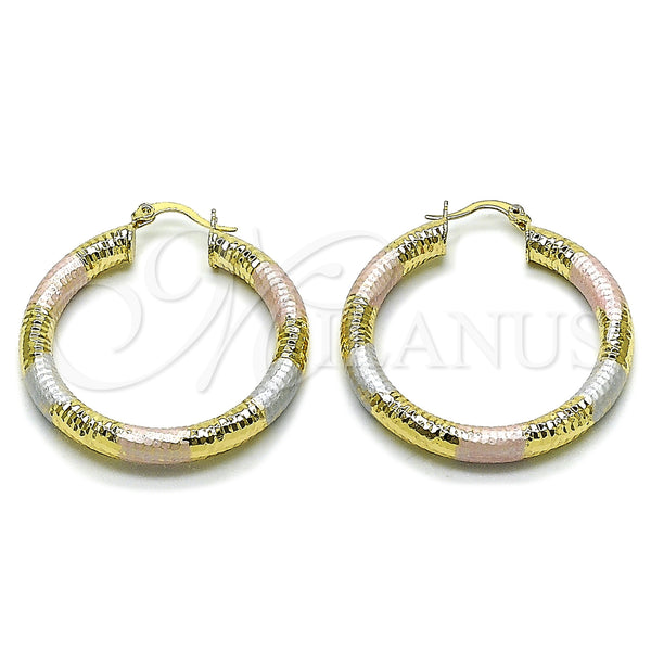 Gold Filled Hoop Earrings — Medium Hoop Hollow Design Diamond Cutting Tricolor 02. — main product view — SKU 163179 | Oro Laminado aretes de aro — Medium Hoop Hollow diseño Diamond Cutting Tricolor 02. — SKU 163179