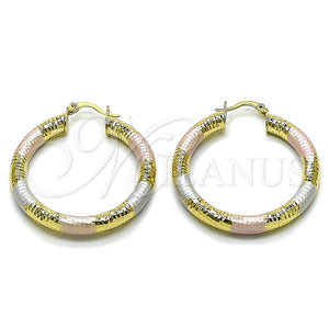 Gold Filled Hoop Earrings — Medium Hoop Hollow Design Diamond Cutting Tricolor 02. — main product view — SKU 163179 | Oro Laminado aretes de aro — Medium Hoop Hollow diseño Diamond Cutting Tricolor 02. — SKU 163179