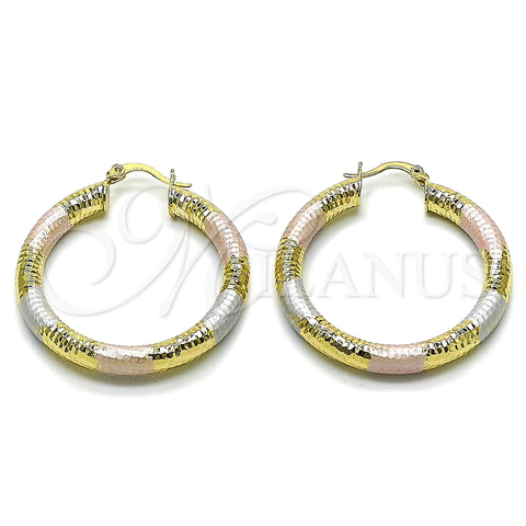 Oro Laminado Medium Hoop, Gold Filled Style Hollow Design, Diamond Cutting Finish, Tricolor, 02.213.0224.1.40