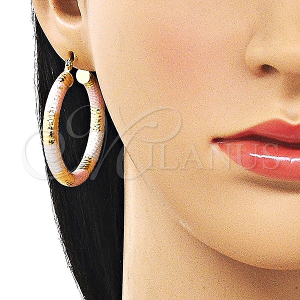 Gold Filled Hoop Earrings — Medium Hoop Hollow Design Diamond Cutting Tricolor 02. — alternate product view — SKU 163184 | Oro Laminado aretes de aro — Medium Hoop Hollow diseño Diamond Cutting Tricolor 02. — SKU 163184