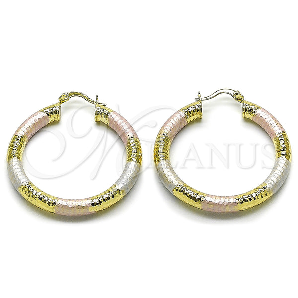 Gold Filled Hoop Earrings — Medium Hoop Hollow Design Diamond Cutting Tricolor 02. — main product view — SKU 163184 | Oro Laminado aretes de aro — Medium Hoop Hollow diseño Diamond Cutting Tricolor 02. — SKU 163184
