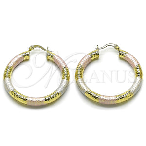 Gold Filled Hoop Earrings — Medium Hoop Hollow Design Diamond Cutting Tricolor 02. — main product view — SKU 163184 | Oro Laminado aretes de aro — Medium Hoop Hollow diseño Diamond Cutting Tricolor 02. — SKU 163184