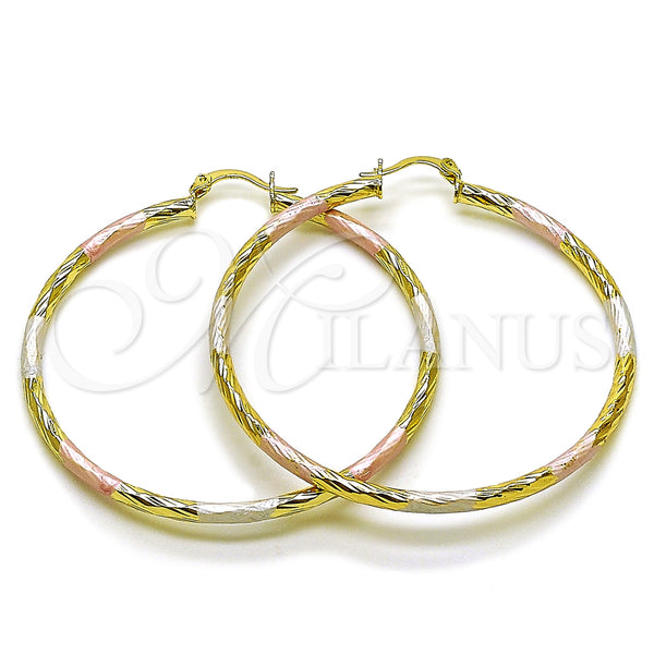 Gold Filled Hoop Earrings — Large Hoop Hollow Design Diamond Cutting Tricolor 02. — main product view — SKU 163185 | Oro Laminado aretes de aro — Large Hoop Hollow diseño Diamond Cutting Tricolor 02. — SKU 163185