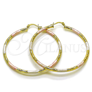 Gold Filled Hoop Earrings — Large Hoop Hollow Design Diamond Cutting Tricolor 02. — main product view — SKU 163185 | Oro Laminado aretes de aro — Large Hoop Hollow diseño Diamond Cutting Tricolor 02. — SKU 163185