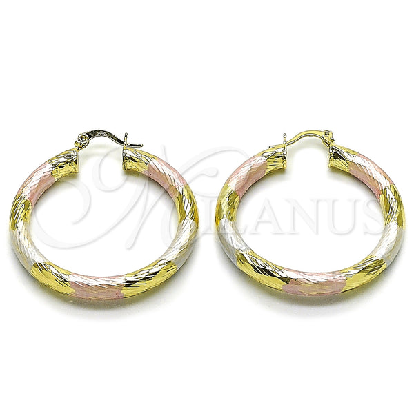 Gold Filled Hoop Earrings — Large Hoop Hollow Design Diamond Cutting Tricolor 02. — main product view — SKU 163187 | Oro Laminado aretes de aro — Large Hoop Hollow diseño Diamond Cutting Tricolor 02. — SKU 163187