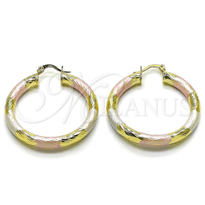 Gold Filled Hoop Earrings — Large Hoop Hollow Design Diamond Cutting Tricolor 02. — main product view — SKU 163187 | Oro Laminado aretes de aro — Large Hoop Hollow diseño Diamond Cutting Tricolor 02. — SKU 163187