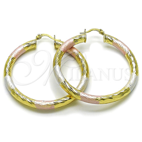 Oro Laminado Large Hoop, Gold Filled Style Hollow Design, Diamond Cutting Finish, Tricolor, 02.170.0311.1.50