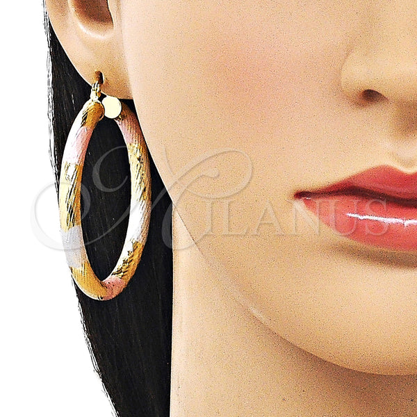 Gold Filled Hoop Earrings — Large Hoop Hollow Design Diamond Cutting Tricolor 02. — alternate product view — SKU 163188 | Oro Laminado aretes de aro — Large Hoop Hollow diseño Diamond Cutting Tricolor 02. — SKU 163188