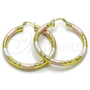 Gold Filled Hoop Earrings — Large Hoop Hollow Design Diamond Cutting Tricolor 02. — main product view — SKU 163188 | Oro Laminado aretes de aro — Large Hoop Hollow diseño Diamond Cutting Tricolor 02. — SKU 163188