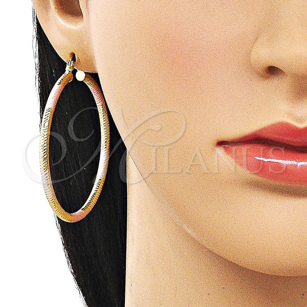 Gold Filled Hoop Earrings — Large Hoop Hollow Design Diamond Cutting Tricolor 02. — alternate product view — SKU 163191 | Oro Laminado aretes de aro — Large Hoop Hollow diseño Diamond Cutting Tricolor 02. — SKU 163191