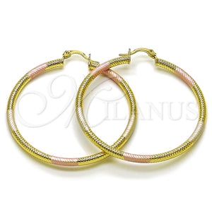 Gold Filled Hoop Earrings — Large Hoop Hollow Design Diamond Cutting Tricolor 02. — main product view — SKU 163191 | Oro Laminado aretes de aro — Large Hoop Hollow diseño Diamond Cutting Tricolor 02. — SKU 163191