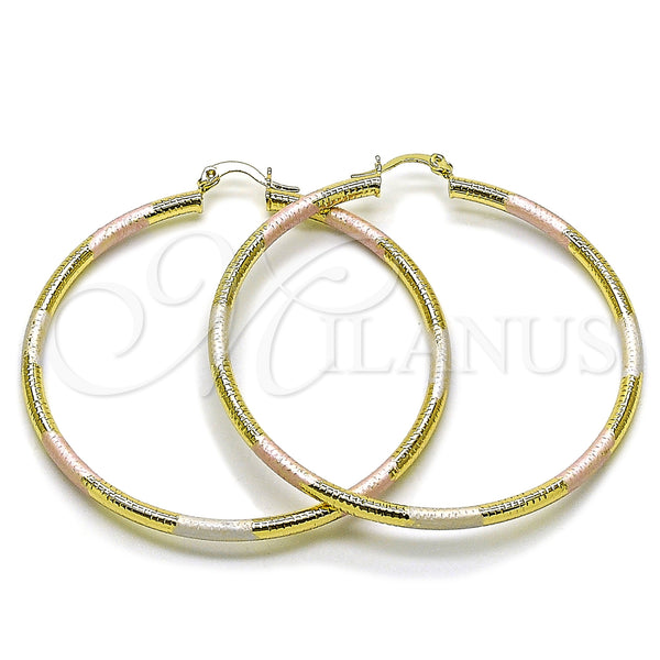 Gold Filled Hoop Earrings — Medium Hoop Hollow Design Diamond Cutting Tricolor 02. — main product view — SKU 163192 | Oro Laminado aretes de aro — Medium Hoop Hollow diseño Diamond Cutting Tricolor 02. — SKU 163192