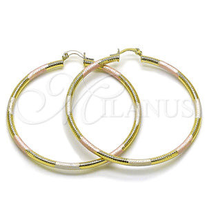 Gold Filled Hoop Earrings — Medium Hoop Hollow Design Diamond Cutting Tricolor 02. — main product view — SKU 163192 | Oro Laminado aretes de aro — Medium Hoop Hollow diseño Diamond Cutting Tricolor 02. — SKU 163192