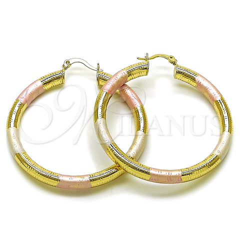 Oro Laminado Large Hoop, Gold Filled Style Hollow Design, Diamond Cutting Finish, Tricolor, 02.213.0812.1.50