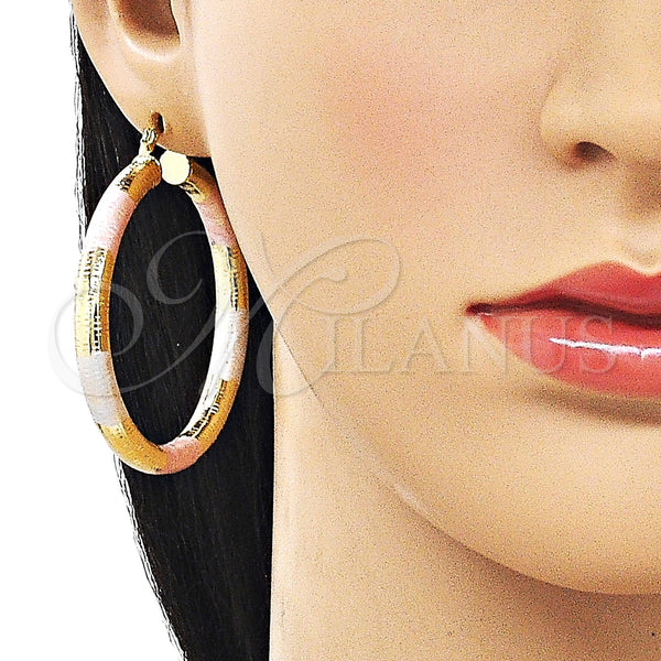 Gold Filled Hoop Earrings — Large Hoop Hollow Design Diamond Cutting Tricolor 02. — alternate product view — SKU 163193 | Oro Laminado aretes de aro — Large Hoop Hollow diseño Diamond Cutting Tricolor 02. — SKU 163193