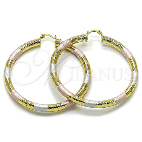 Oro Laminado Large Hoop, Gold Filled Style Hollow Design, Diamond Cutting Finish, Tricolor, 02.213.0812.1.60