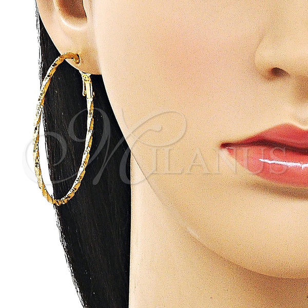 Gold Filled Hoop Earrings — Medium Hoop Twist Design Diamond Cutting 02. — alternate product view — SKU 163200 | Oro Laminado aretes de aro — Medium Hoop Twist diseño Diamond Cutting 02. — SKU 163200