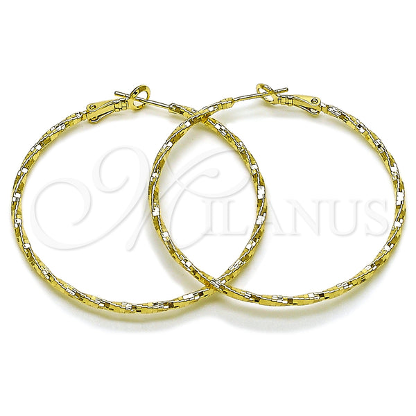 Gold Filled Hoop Earrings — Medium Hoop Twist Design Diamond Cutting 02. — main product view — SKU 163200 | Oro Laminado aretes de aro — Medium Hoop Twist diseño Diamond Cutting 02. — SKU 163200