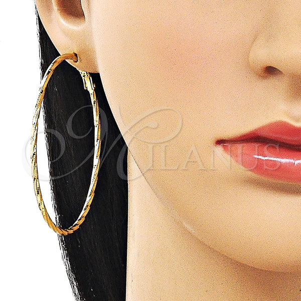 Gold Filled Hoop Earrings — Medium Hoop Twist Design Diamond Cutting 02. — alternate product view — SKU 163201 | Oro Laminado aretes de aro — Medium Hoop Twist diseño Diamond Cutting 02. — SKU 163201