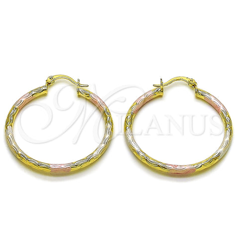 Oro Laminado Medium Hoop, Gold Filled Style Hollow Design, Diamond Cutting Finish, Tricolor, 02.213.0151.1.40