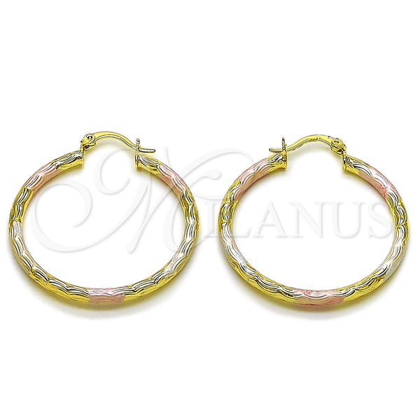 Gold Filled Hoop Earrings — Medium Hoop Hollow Design Diamond Cutting Tricolor 02. — main product view — SKU 163208 | Oro Laminado aretes de aro — Medium Hoop Hollow diseño Diamond Cutting Tricolor 02. — SKU 163208