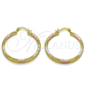 Gold Filled Hoop Earrings — Medium Hoop Hollow Design Diamond Cutting Tricolor 02. — main product view — SKU 163208 | Oro Laminado aretes de aro — Medium Hoop Hollow diseño Diamond Cutting Tricolor 02. — SKU 163208
