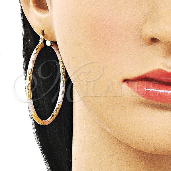 Gold Filled Hoop Earrings — Large Hoop Hollow Design Diamond Cutting Tricolor 02. — alternate product view — SKU 163209 | Oro Laminado aretes de aro — Large Hoop Hollow diseño Diamond Cutting Tricolor 02. — SKU 163209