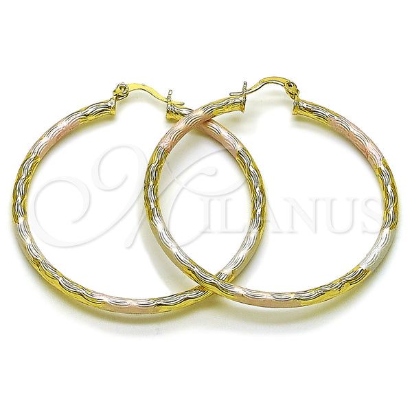Gold Filled Hoop Earrings — Large Hoop Hollow Design Diamond Cutting Tricolor 02. — main product view — SKU 163209 | Oro Laminado aretes de aro — Large Hoop Hollow diseño Diamond Cutting Tricolor 02. — SKU 163209