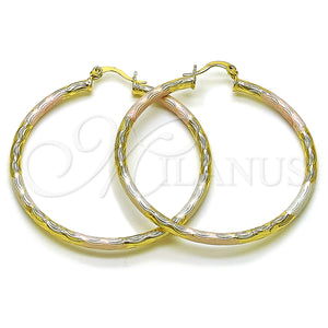 Gold Filled Hoop Earrings — Large Hoop Hollow Design Diamond Cutting Tricolor 02. — main product view — SKU 163209 | Oro Laminado aretes de aro — Large Hoop Hollow diseño Diamond Cutting Tricolor 02. — SKU 163209