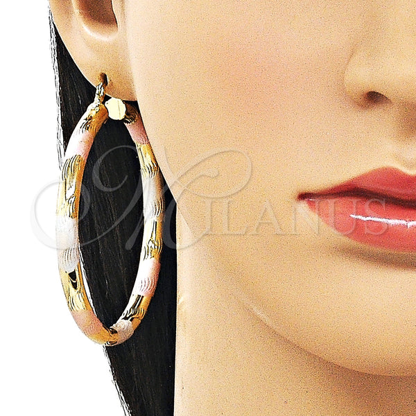 Gold Filled Hoop Earrings — Large Hoop Hollow Design Diamond Cutting Tricolor 02. — alternate product view — SKU 163211 | Oro Laminado aretes de aro — Large Hoop Hollow diseño Diamond Cutting Tricolor 02. — SKU 163211