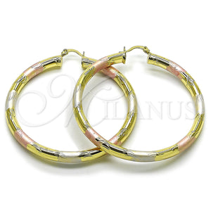 Gold Filled Hoop Earrings — Large Hoop Hollow Design Diamond Cutting Tricolor 02. — main product view — SKU 163211 | Oro Laminado aretes de aro — Large Hoop Hollow diseño Diamond Cutting Tricolor 02. — SKU 163211