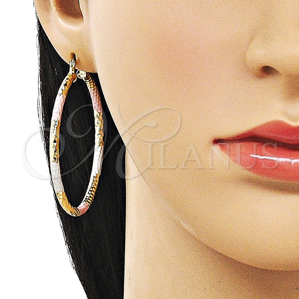 Gold Filled Hoop Earrings — Large Hoop Hollow Design Diamond Cutting Tricolor 02. — alternate product view — SKU 163215 | Oro Laminado aretes de aro — Large Hoop Hollow diseño Diamond Cutting Tricolor 02. — SKU 163215